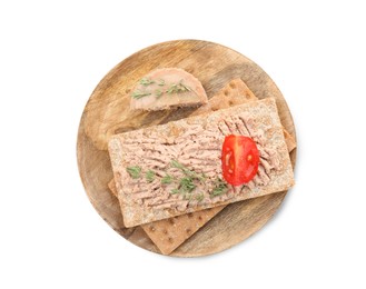 Crispy crackers with delicious meat pate, tomato and thyme isolated on white, top view