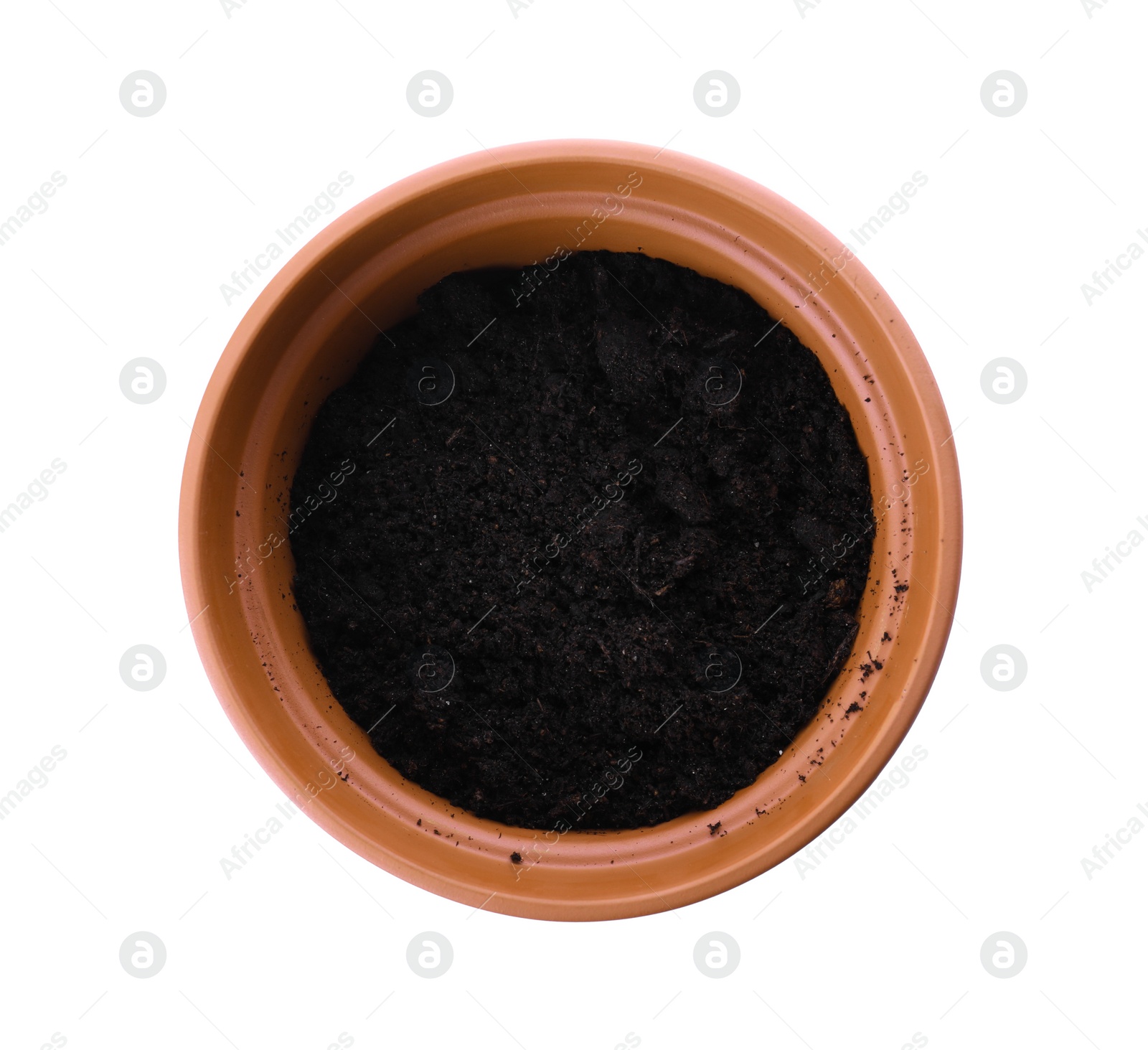 Photo of Stylish terracotta flower pot with soil isolated on white, top view