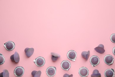 Photo of Tasty bright jelly cups on pink background, flat lay. Space for text