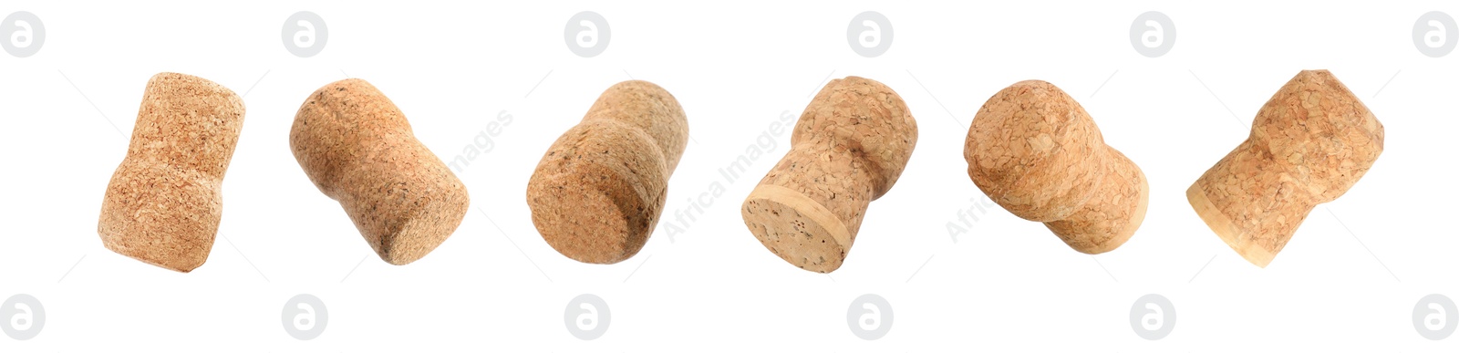 Image of Set with corks of sparkling wine bottles on white background. Banner design