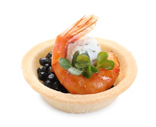 Delicious canape with shrimp and black caviar isolated on white