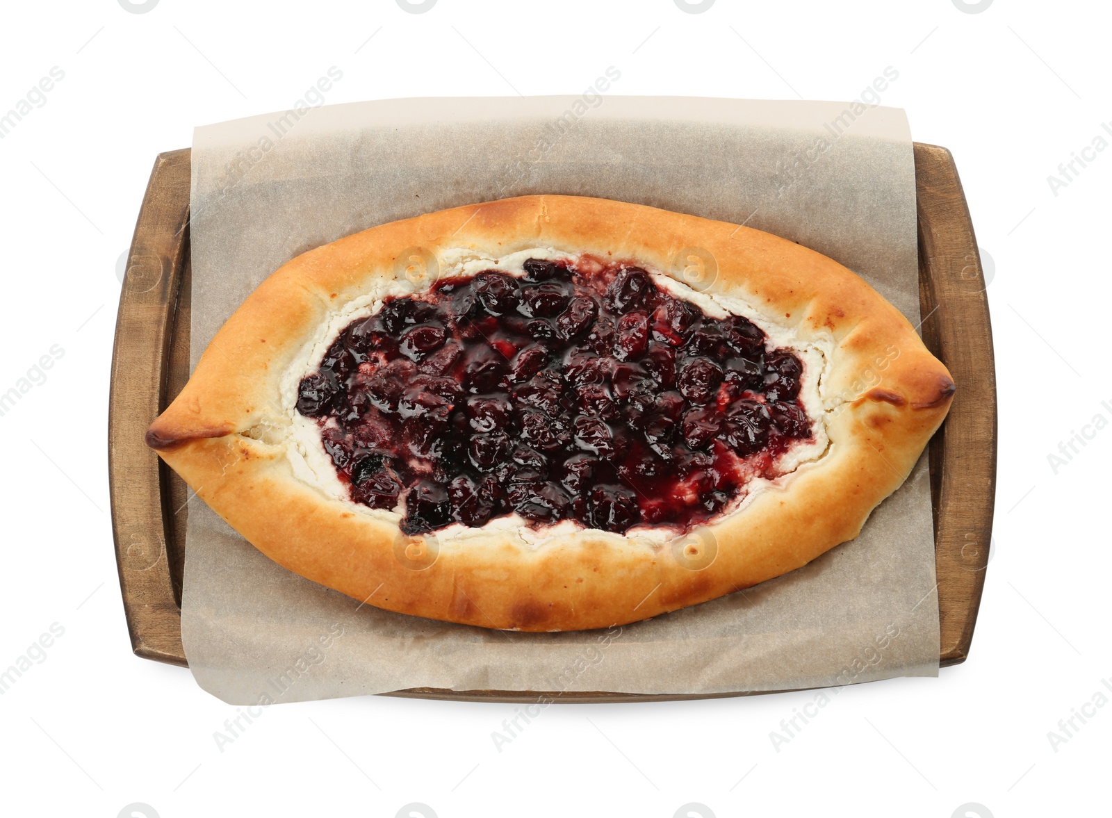 Photo of Delicious sweet cottage cheese pastry with cherry jam isolated on white, top view