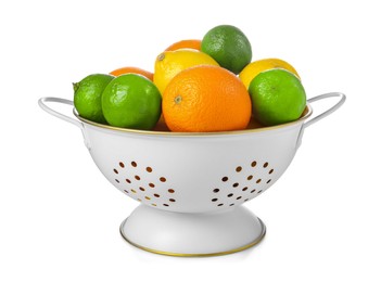 Photo of Colander with fresh fruits isolated on white