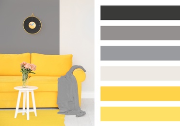 Image of Color of the year 2021.Elegant living room interior with yellow sofa
