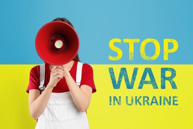 Stop war in Ukraine. Woman with megaphone against Ukrainian national flag