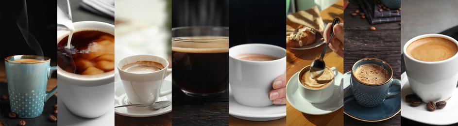 Beautiful collage with different photos of aromatic coffee. Banner design