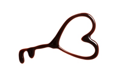 Heart with key made of dark chocolate on white background, top view
