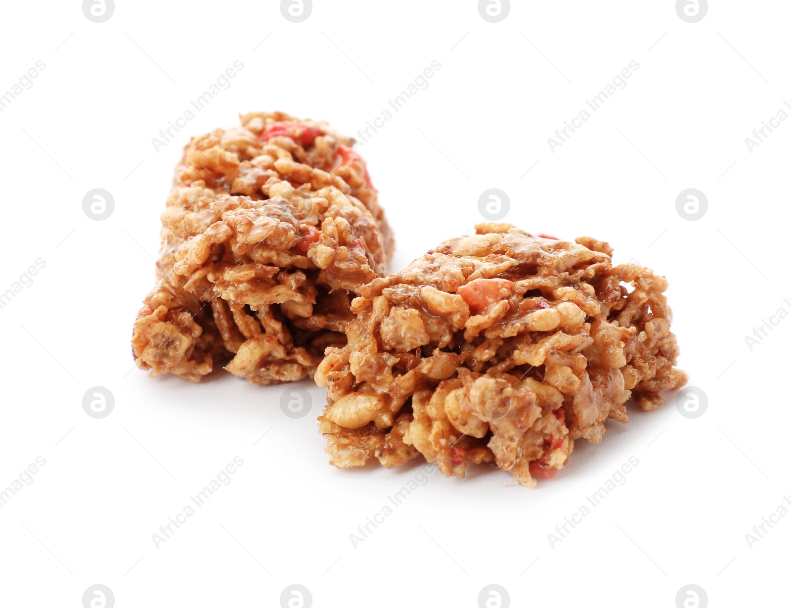 Photo of Pieces of tasty protein bar on white background