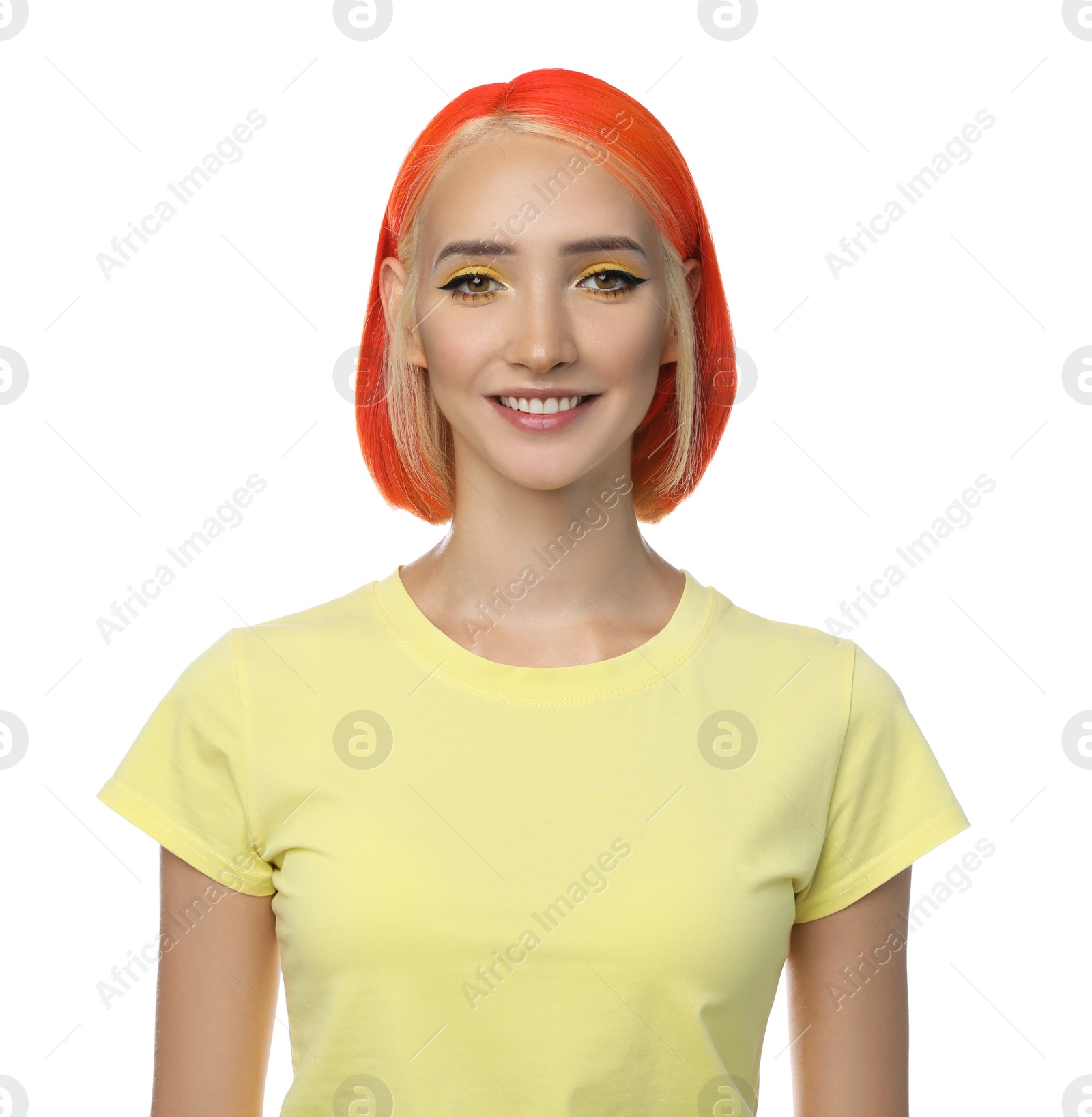 Photo of Beautiful young woman with bright dyed hair on white background