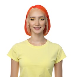 Beautiful young woman with bright dyed hair on white background