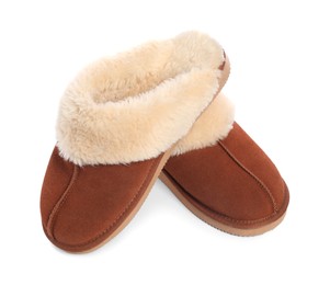 Pair of soft slippers with fur isolated on white