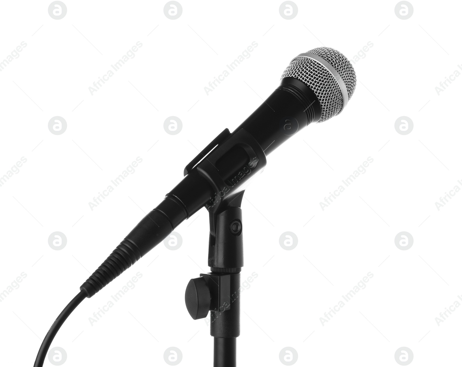 Photo of Dynamic microphone on white background. Professional audio equipment