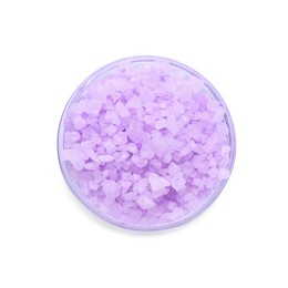 Photo of Glass bowl with violet sea salt isolated on white, top view