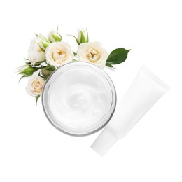 Photo of Different hand care cosmetic products and roses on white background, top view