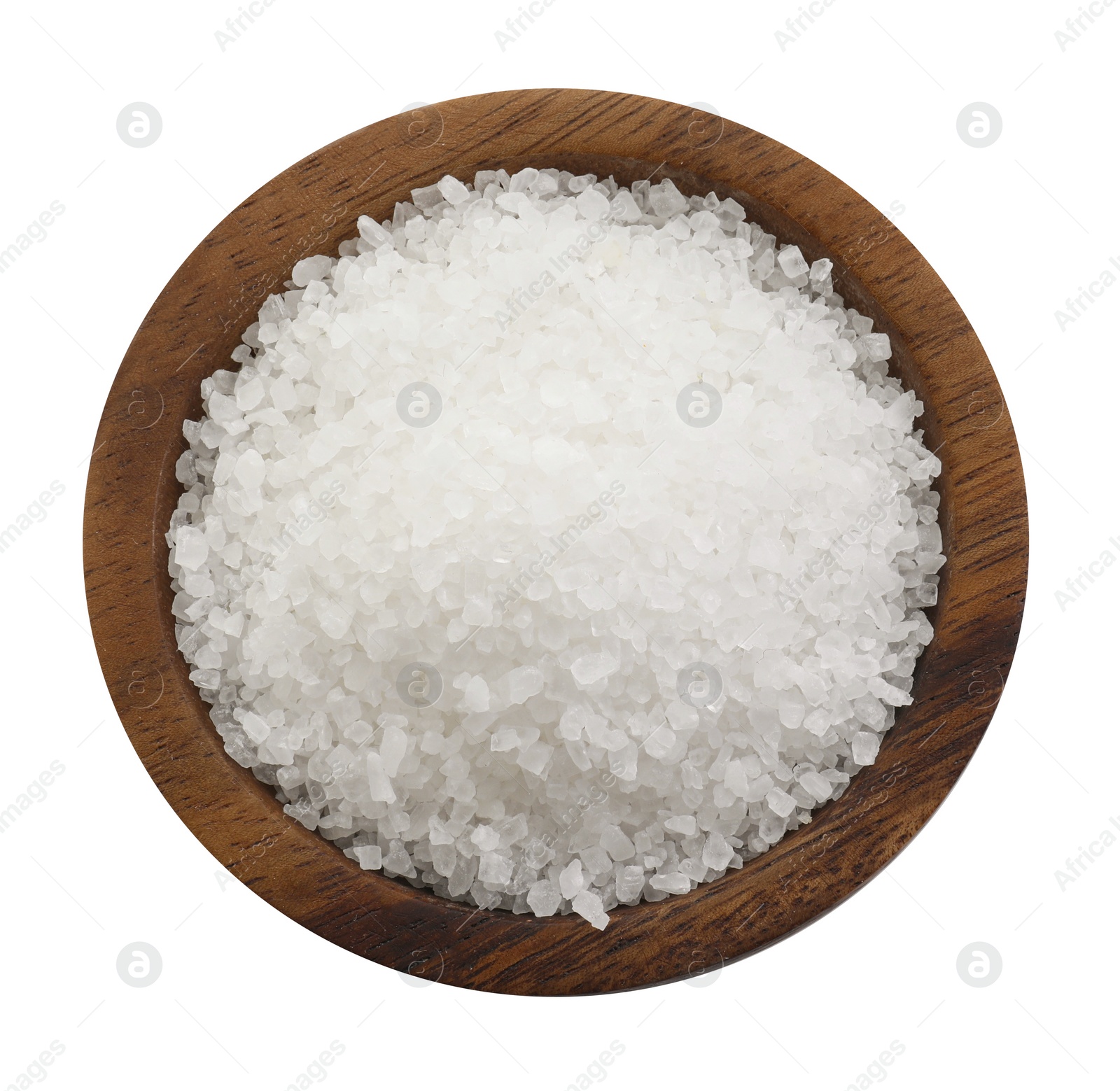 Photo of Natural salt in wooden bowl isolated on white, top view