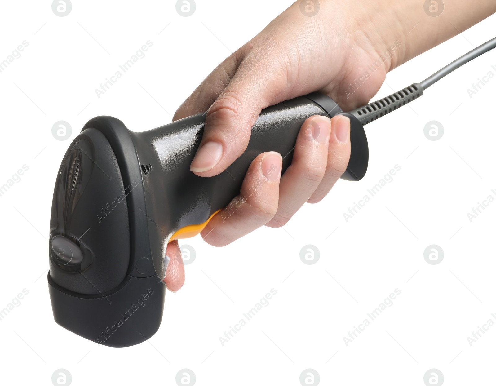 Photo of Woman holding barcode scanner on white background, closeup