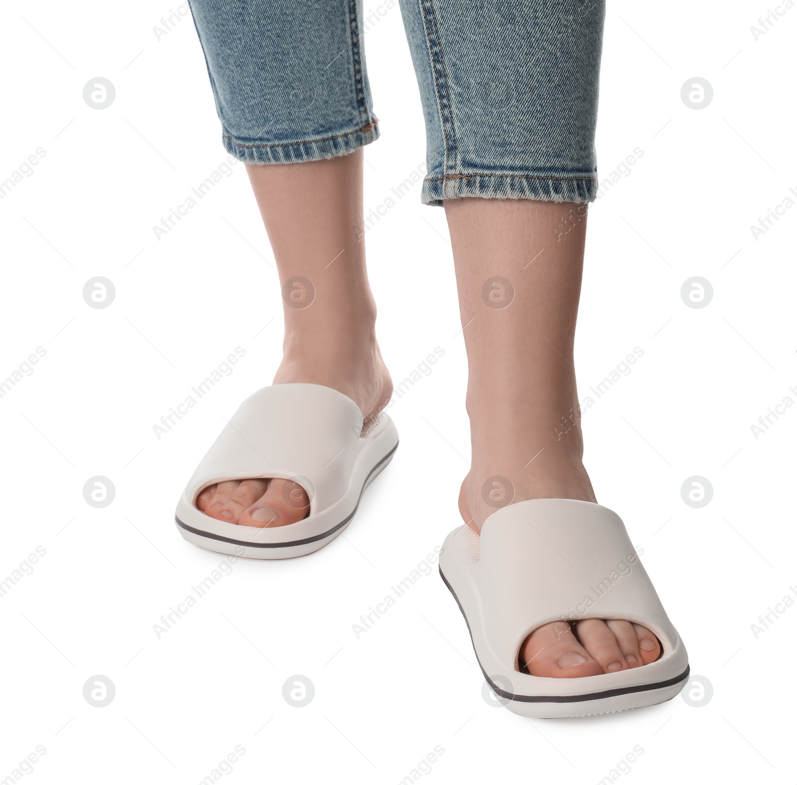 Photo of Woman in slippers on white background, closeup