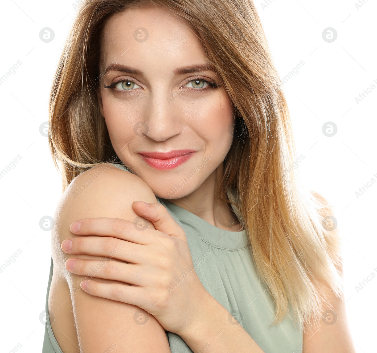 Photo of Portrait of young woman with beautiful face on white background, closeup