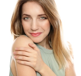 Portrait of young woman with beautiful face on white background, closeup