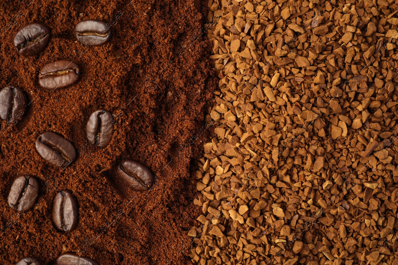 Photo of Instant and ground coffee, roasted beans as background, top view