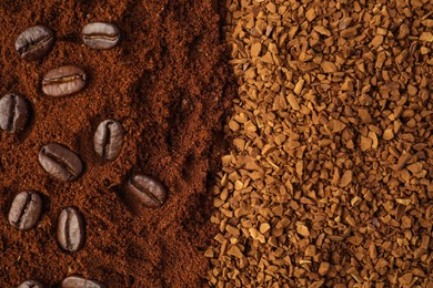 Photo of Instant and ground coffee, roasted beans as background, top view