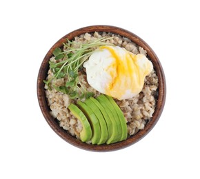 Delicious boiled oatmeal with poached egg, avocado and microgreens in bowl isolated on white, top view