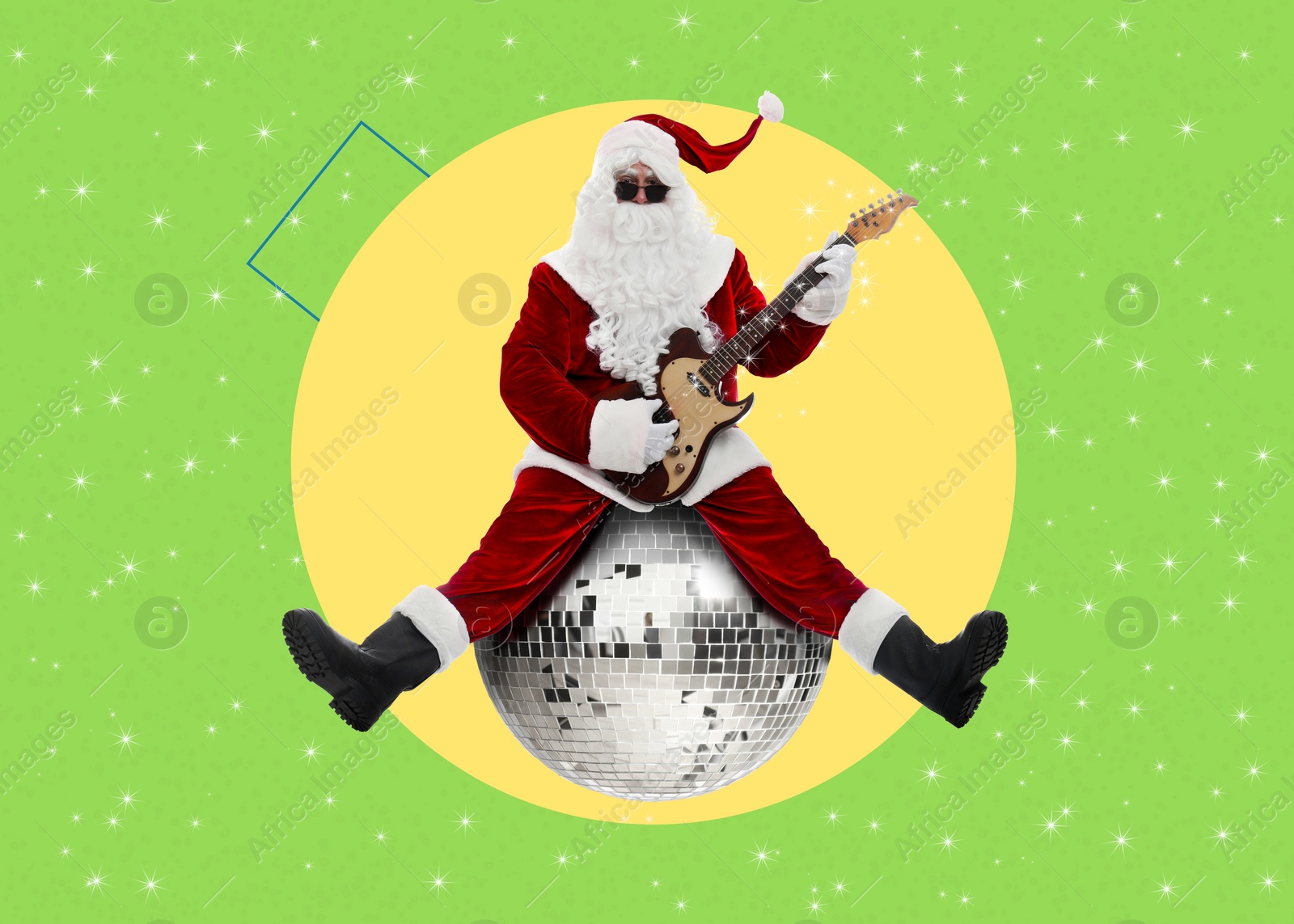 Image of Winter holidays bright artwork. Santa Claus playing guitar while sitting on shiny disco ball against color background, creative collage