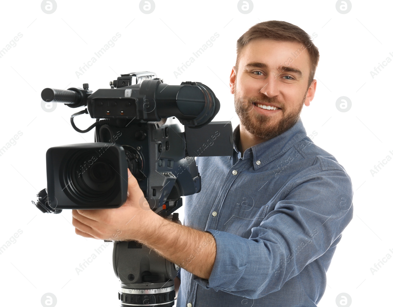 Photo of Operator with professional video camera on white background