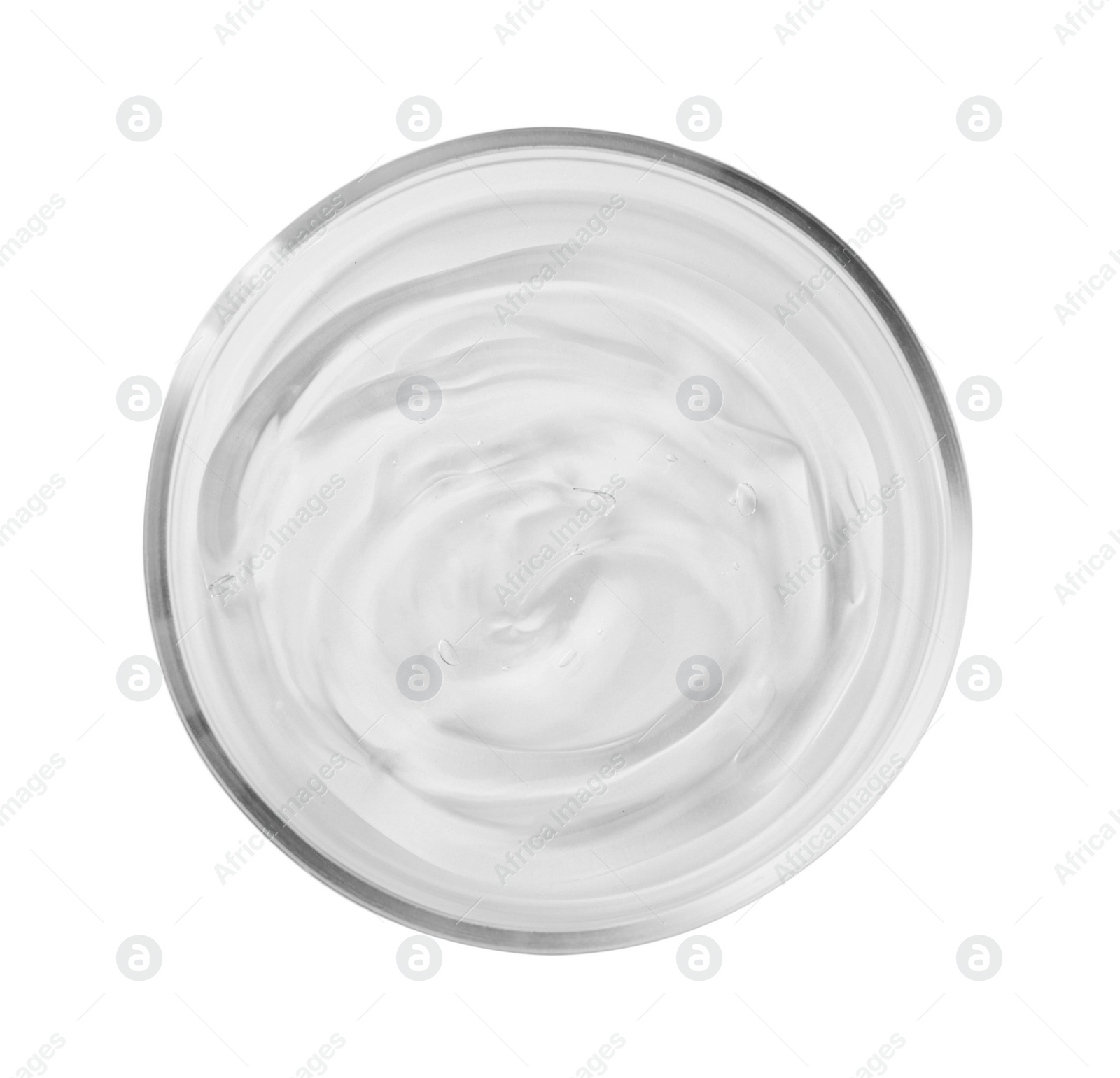 Photo of Petri dish with liquid isolated on white, top view