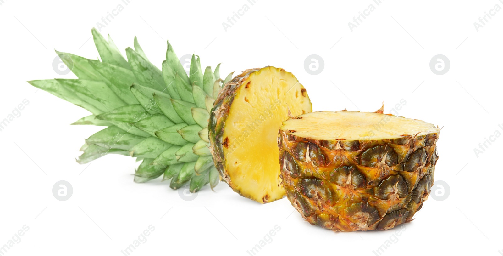 Photo of Cut fresh juicy pineapple on white background