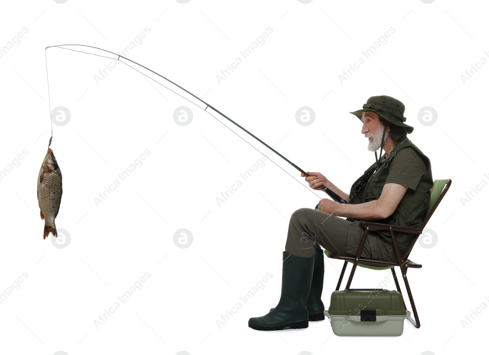 Photo of Fisherman catching fish with rod on white background