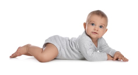 Photo of Cute little baby crawling on white background