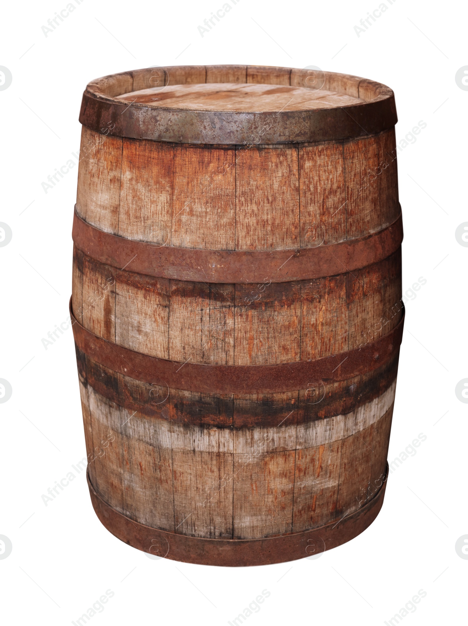 Image of One wooden barrel with metal hoops isolated on white