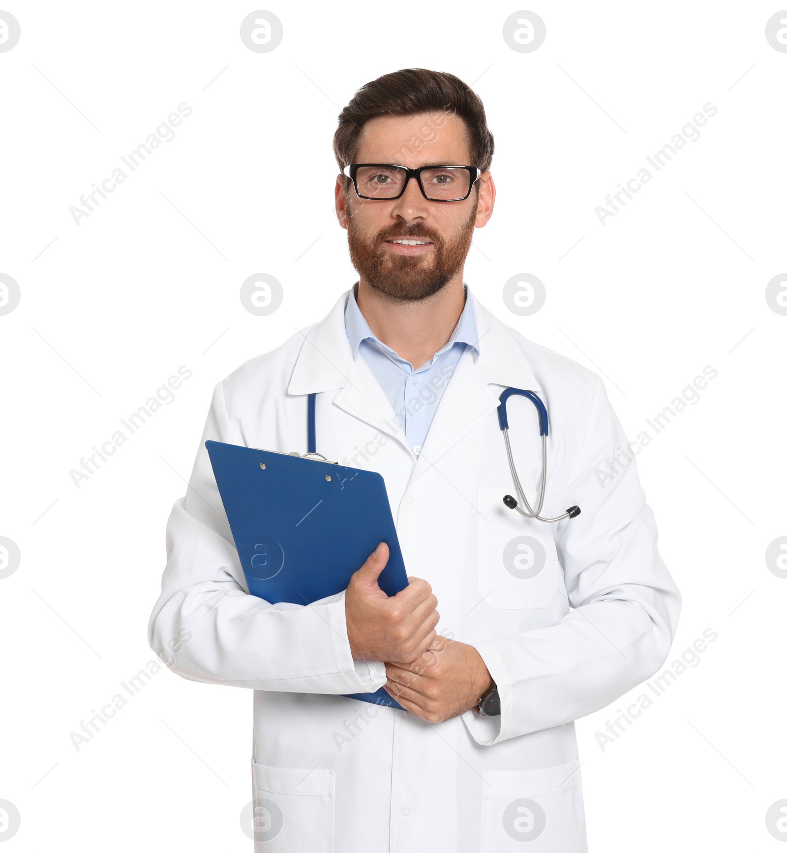 Photo of Doctor with stethoscope and clipboard on white background