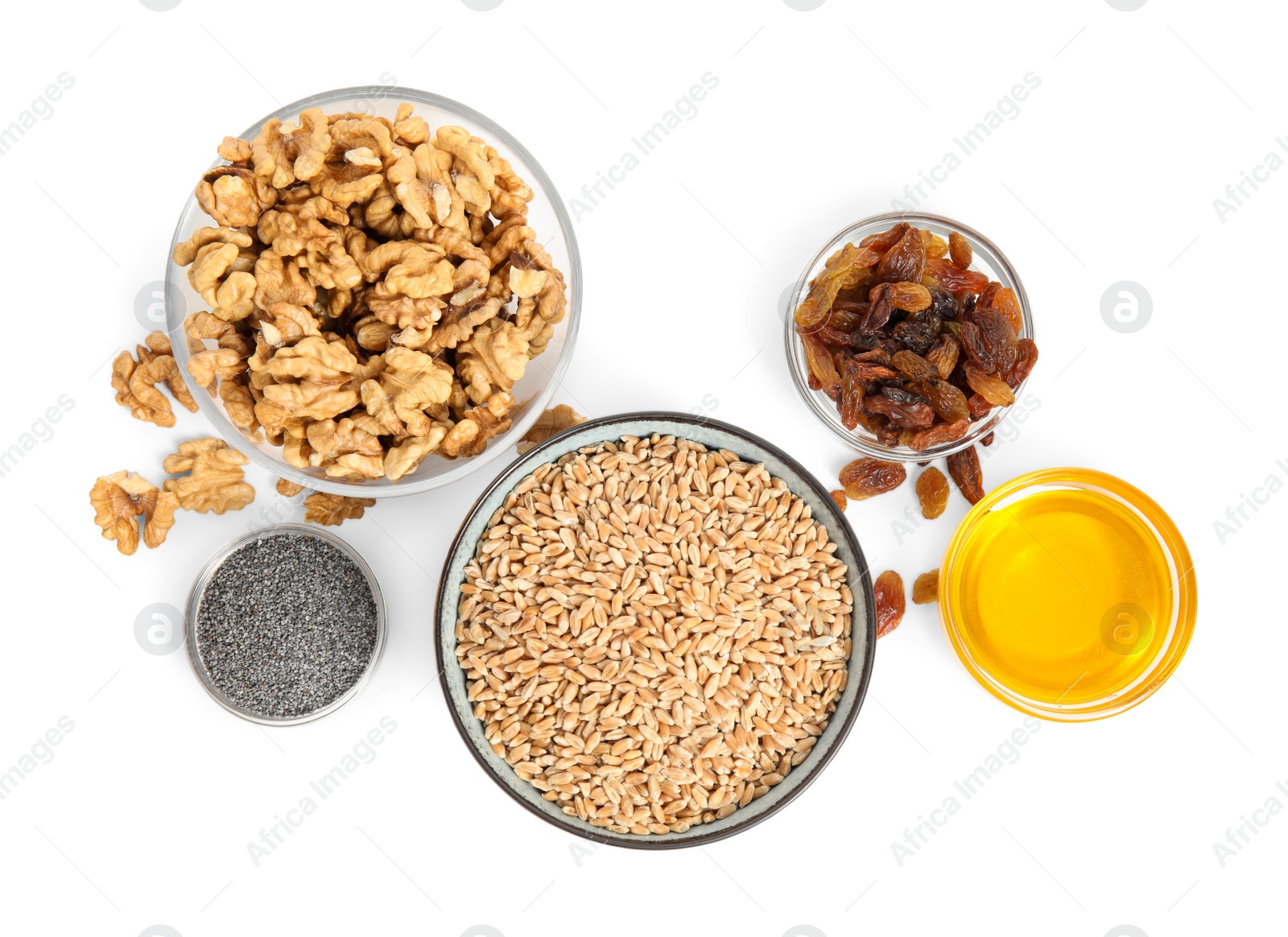 Photo of Ingredients for traditional kutia on white background, top view