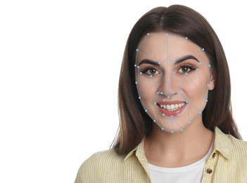Image of Facial recognition system. Young woman with biometric identification scanning grid on white background