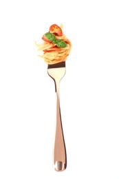 Fork with tasty pasta, tomato sauce and basil isolated on white, top view