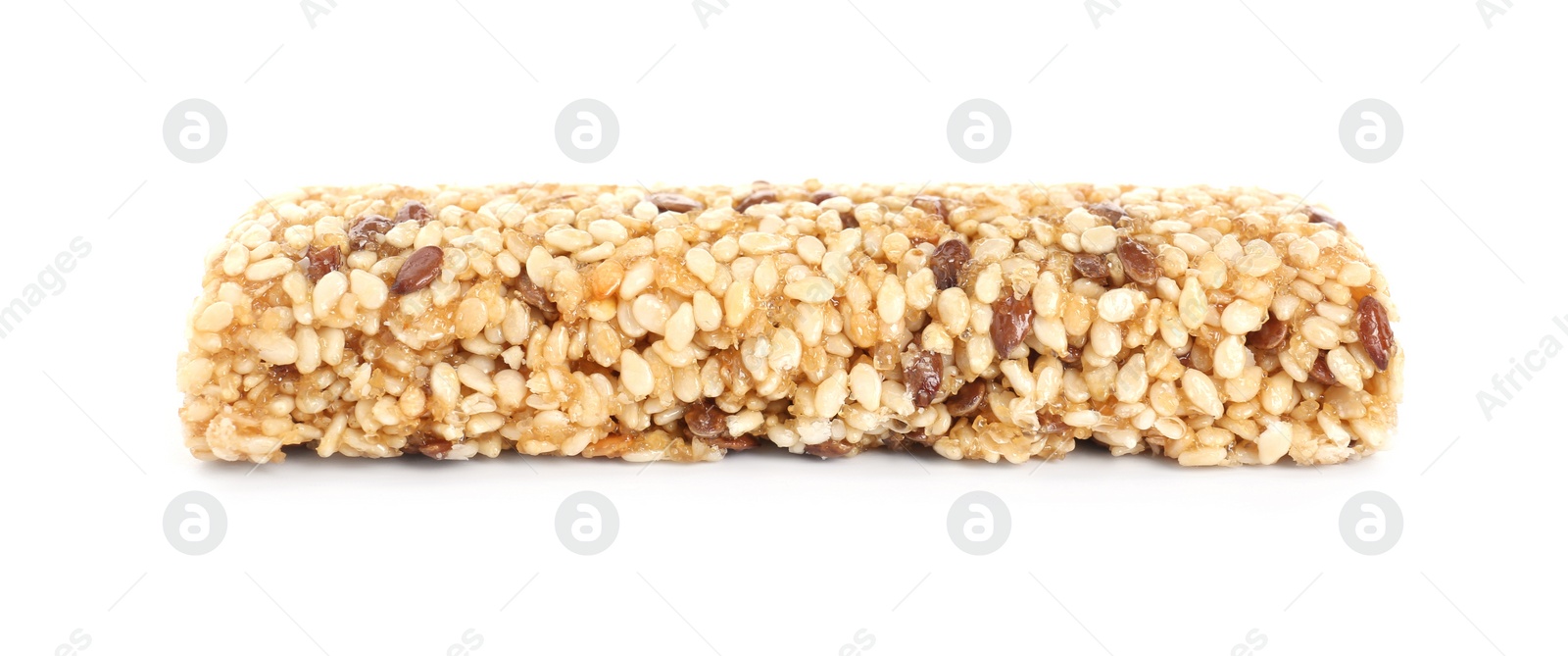 Photo of Tasty sesame seed bar isolated on white