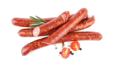 Photo of Tasty sausages on white background. Meat product