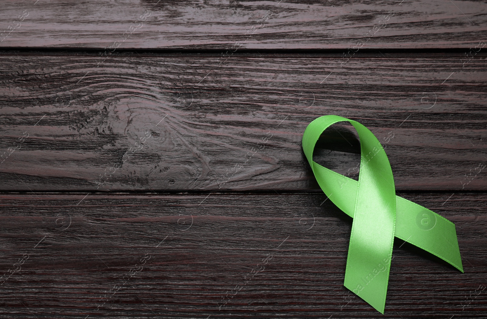 Photo of World Mental Health Day. Green ribbon on wooden background, top view with space for text