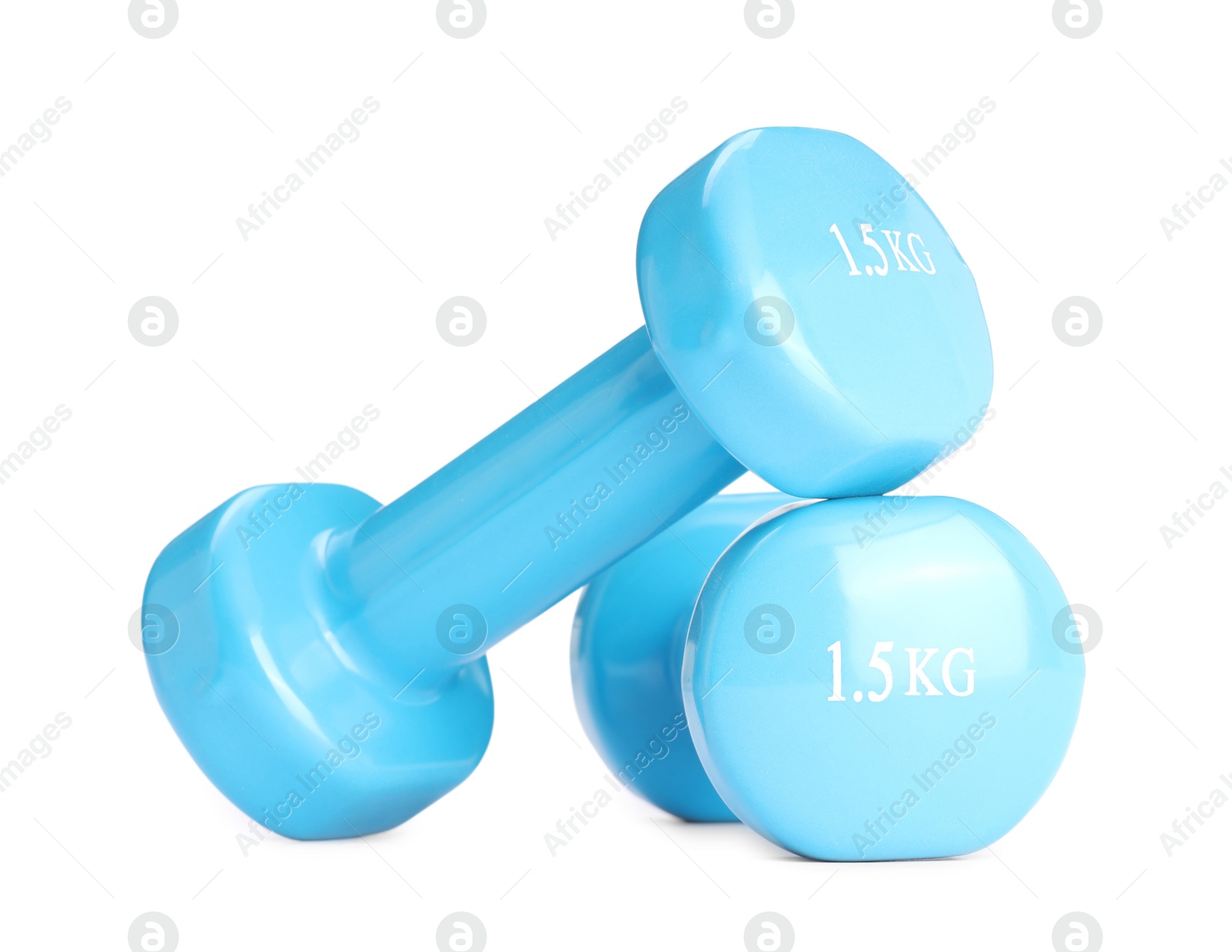 Photo of Light blue dumbbells isolated on white. Sports equipment