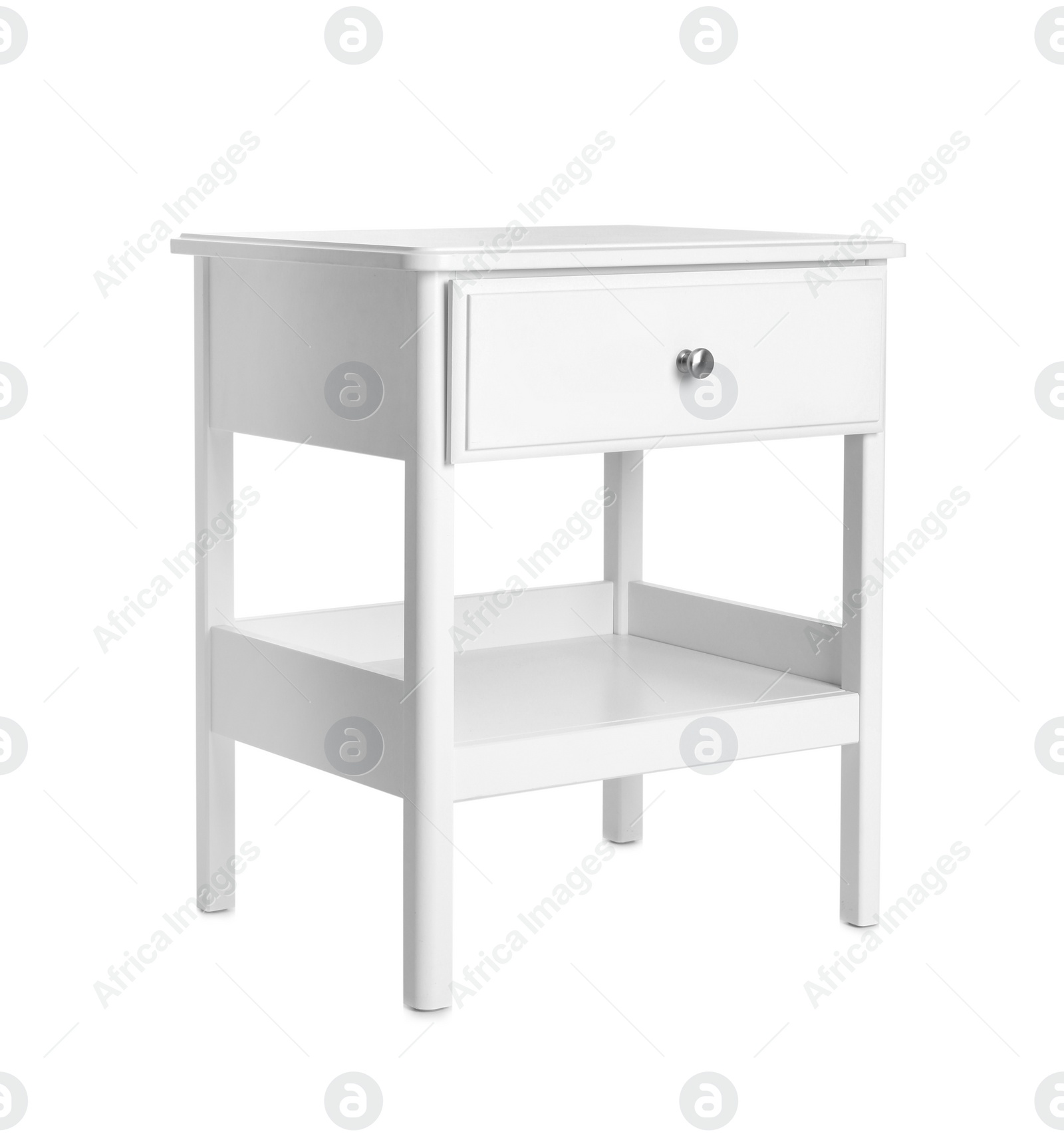 Photo of Elegant small cabinet on white background. Furniture for wardrobe room