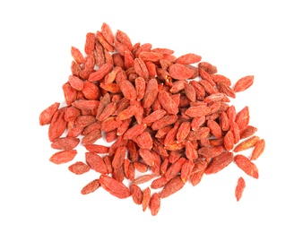 Pile of dried goji berries on white background, top view