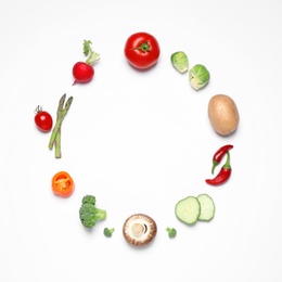 Photo of Frame of different fresh vegetables on white background, top view