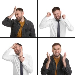 Young man expressing different emotions on white background, collage. Personality concept