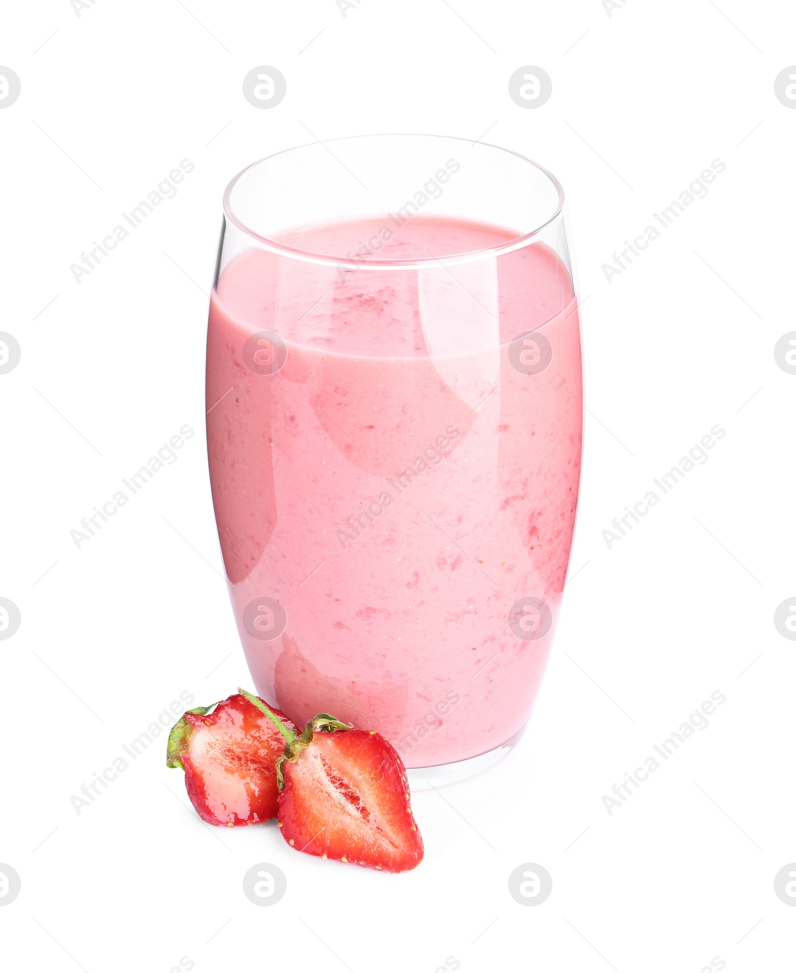 Photo of Tasty strawberry smoothie in glass isolated on white