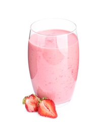 Tasty strawberry smoothie in glass isolated on white