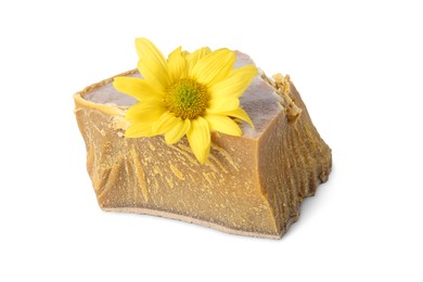 Photo of Natural organic beeswax block and flower isolated on white
