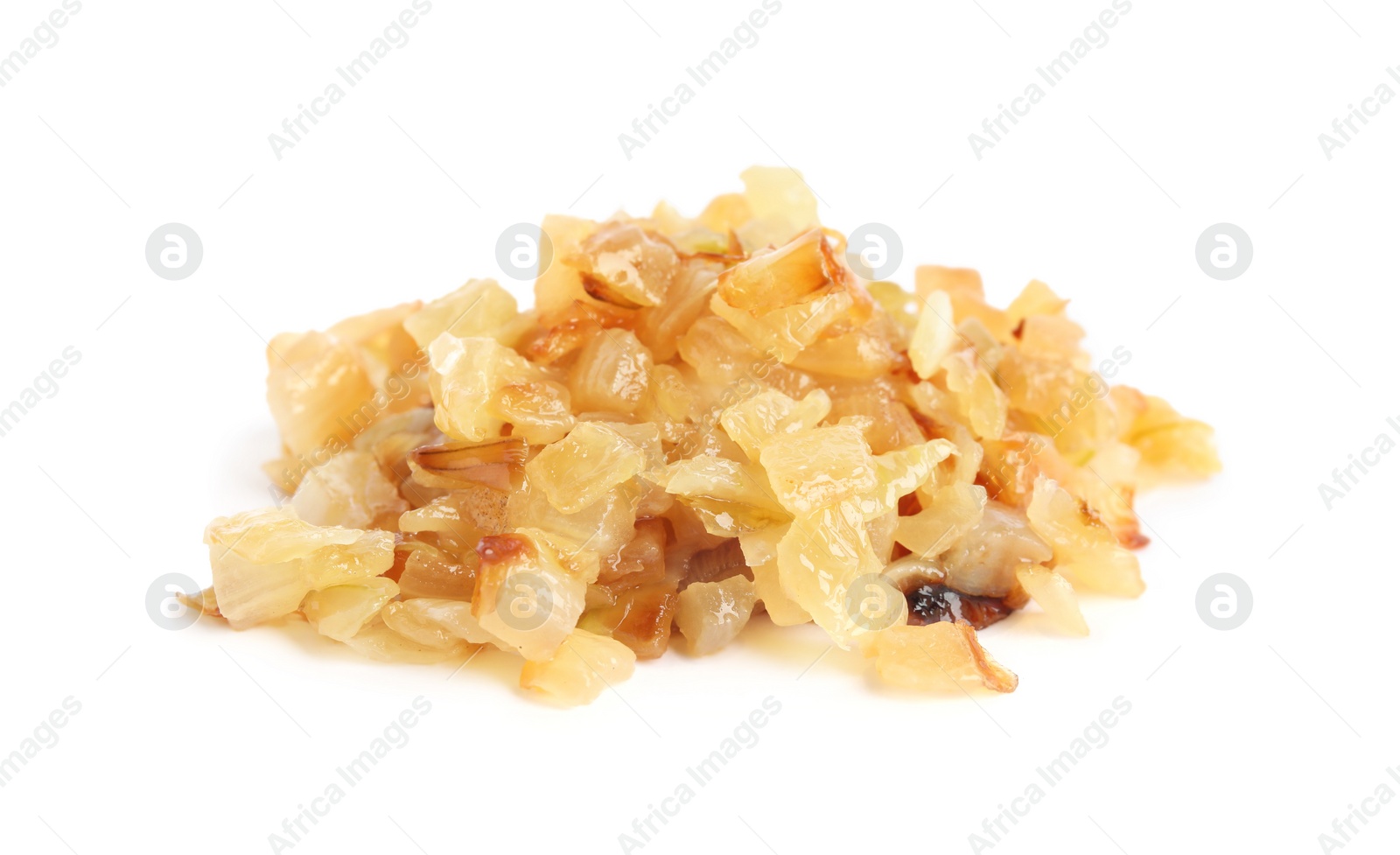 Photo of Pile of tasty fried onion isolated on white