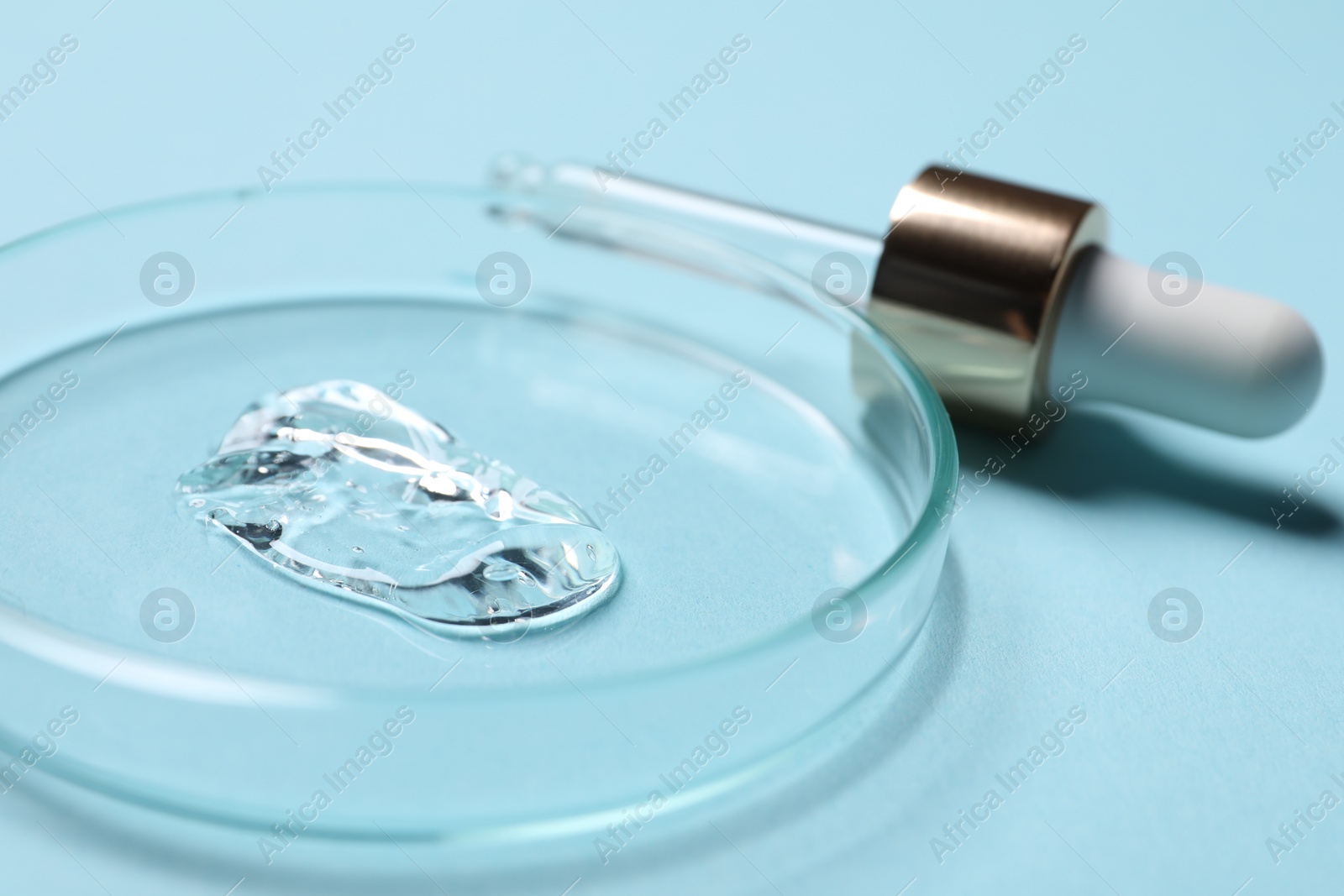 Photo of Petri dish with sample of cosmetic serum and pipette on light blue background, closeup
